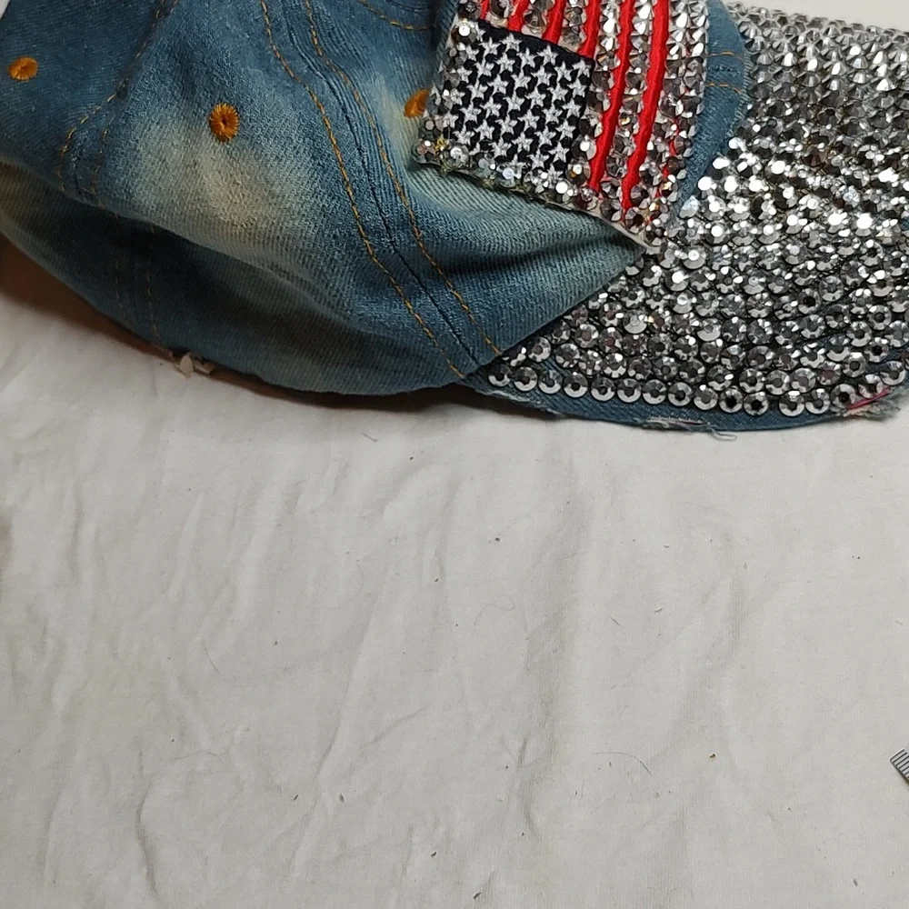 Bling American Flag Denim Distressed Jean Cap USA Hat - Picture 4 of 11